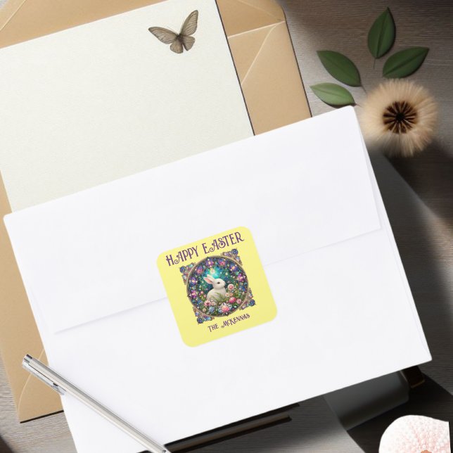 Yellow Oaster Bunny Art Nouveau Glass Quadratischer Aufkleber (Von Creator hochgeladen)