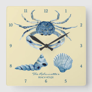 Yellow Ocean Crab Seashells Nautical Beach House Quadratische Wanduhr