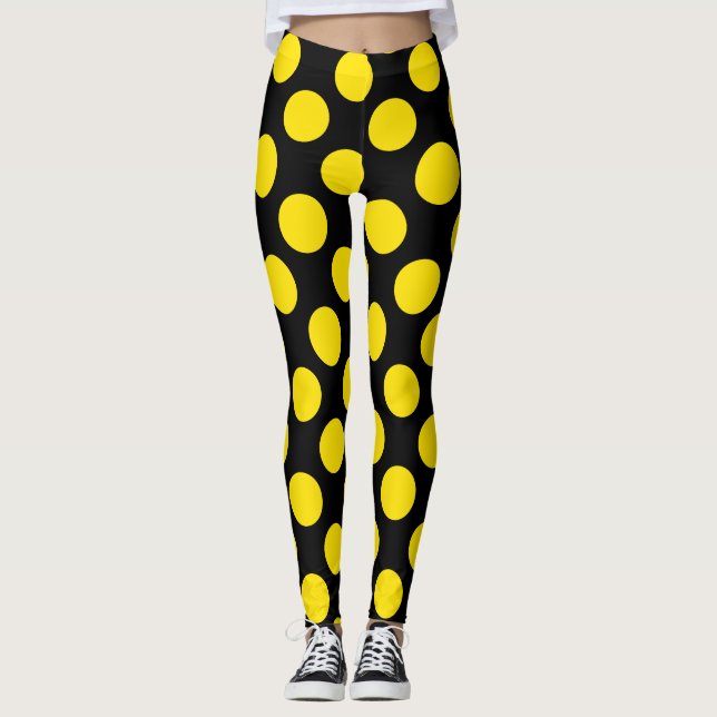 Yellow on Black Polka Dot Leggings (Vorderseite)