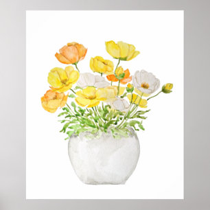 yellow orange and white poppies in pot  poster