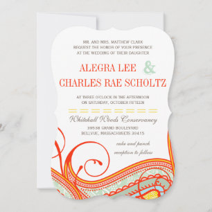 Yellow Orange Aqua Mint Persimmon Paisley Wedding Einladung