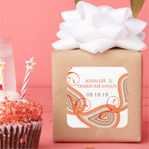 Yellow Orange Aqua Mint Persimmon Paisley Wedding Quadratischer Aufkleber