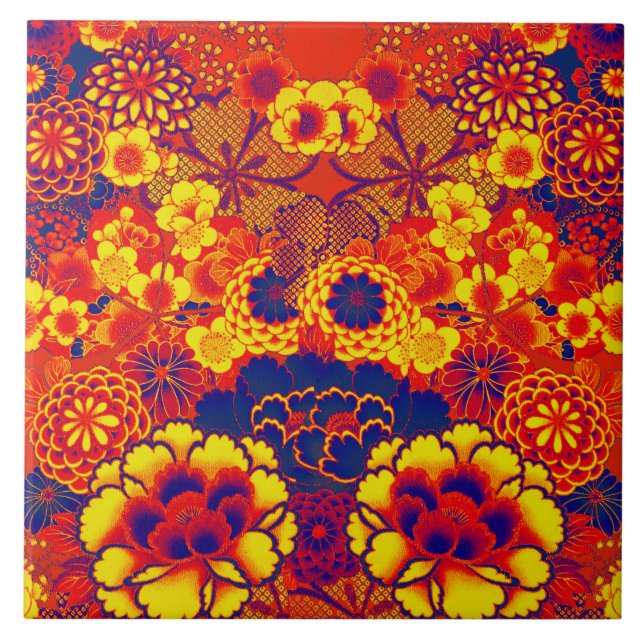 YELLOW ORANGE BLUME Peony, Rose Japanisches Blumen Fliese (Vorderseite)