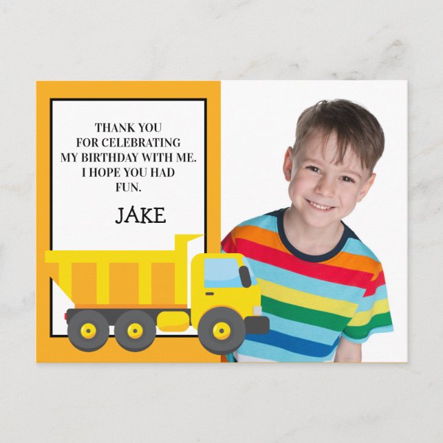 Yellow Orange Dump Truck Birthday Foto Vielen Dank Postkarte (Vorderseite)