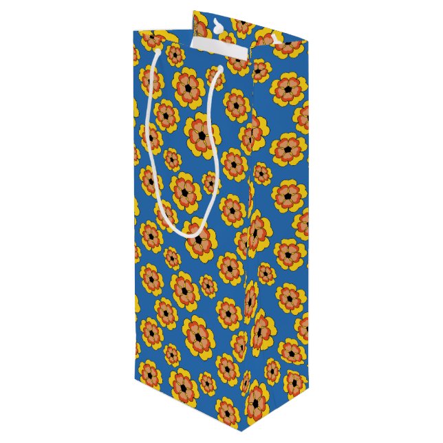 Yellow Orange Flowers Pattern Geschenktüte Für Weinflaschen (Rückseite Schrägansicht)