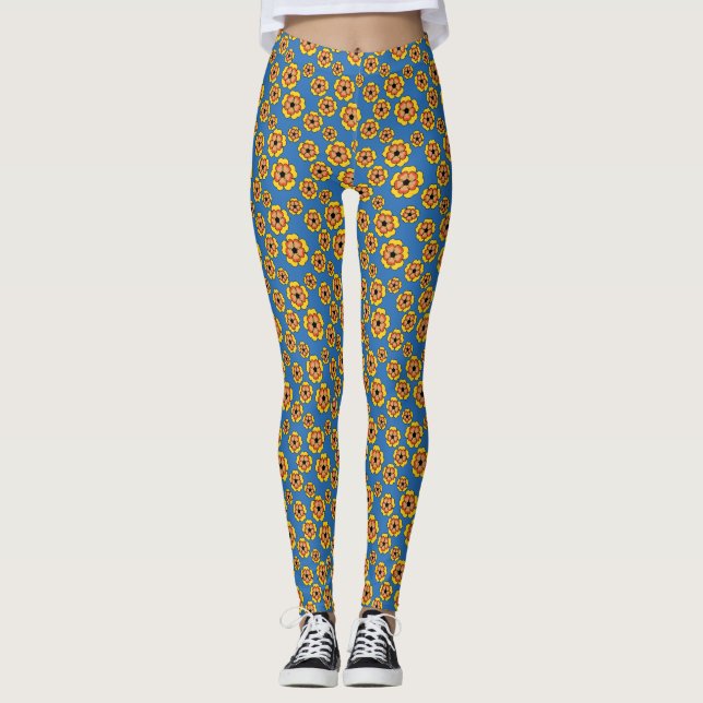 Yellow Orange Flowers Pattern Leggings (Vorderseite)