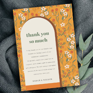 Yellow Orange Groovy Retro Arch Floral Wedding Dankeskarte