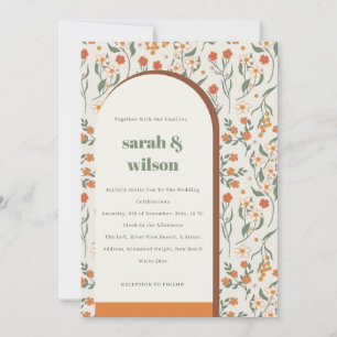 Yellow Orange Groovy Retro Arch Floral Wedding Einladung