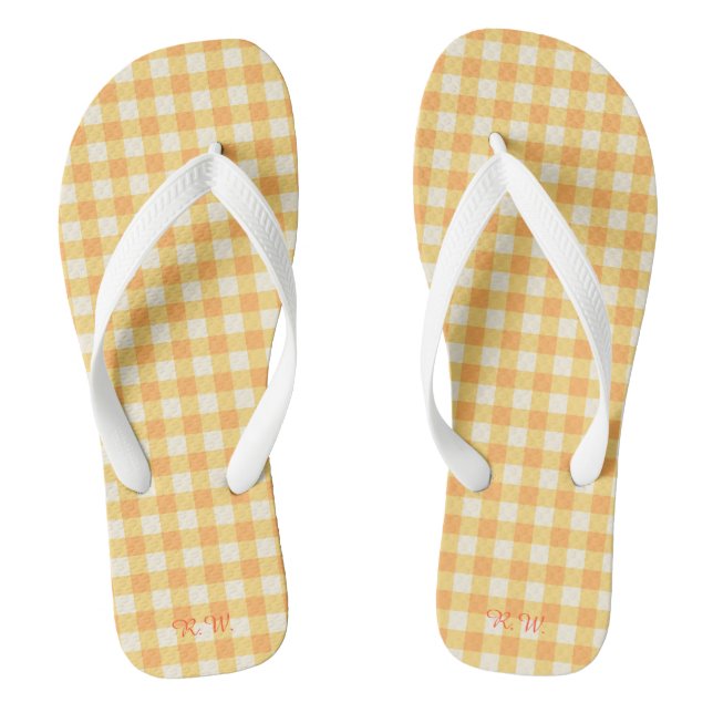 Yellow Orange Ish Preppy Gingham Kariert Flip Flops (Fußbett)