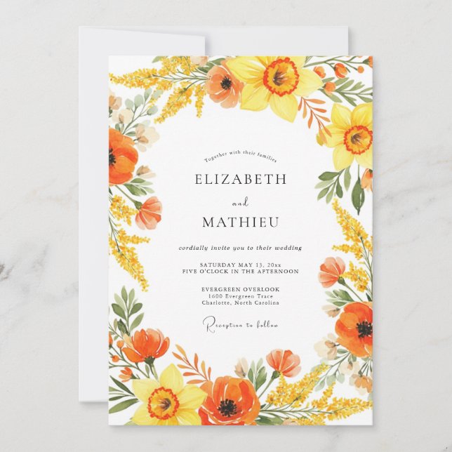 Yellow Orange Painterly Flourish Wedding Einladung (Vorderseite)