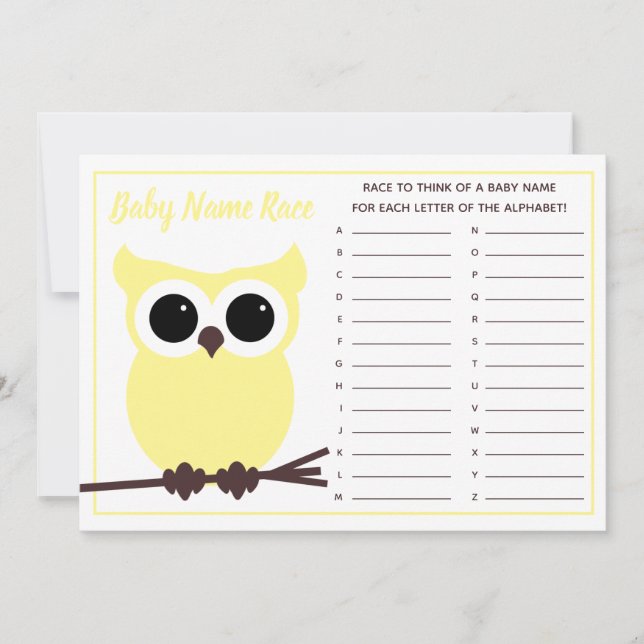 Yellow Owl Baby Name Race Baby Showspiel Einladung (Vorderseite)