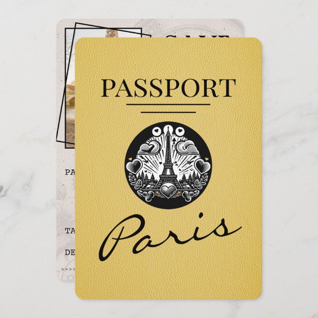 Yellow Paris Passport Save the Date (Vorne/Hinten)