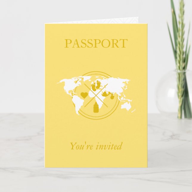 Yellow Passport Travel Boy Babydusche Weltkarte Einladung (Vorderseite)