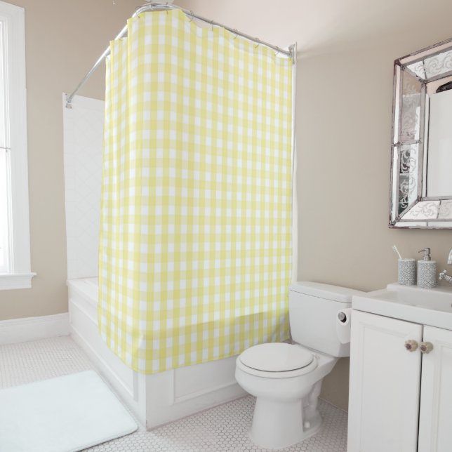 Yellow Pastel Gingham Pattern Modern Farmhouse Duschvorhang (Beispiel)