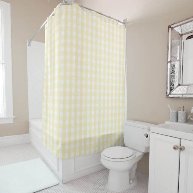 Yellow Pastel Gingham Pattern Modern Farmhouse Duschvorhang (Beispiel)