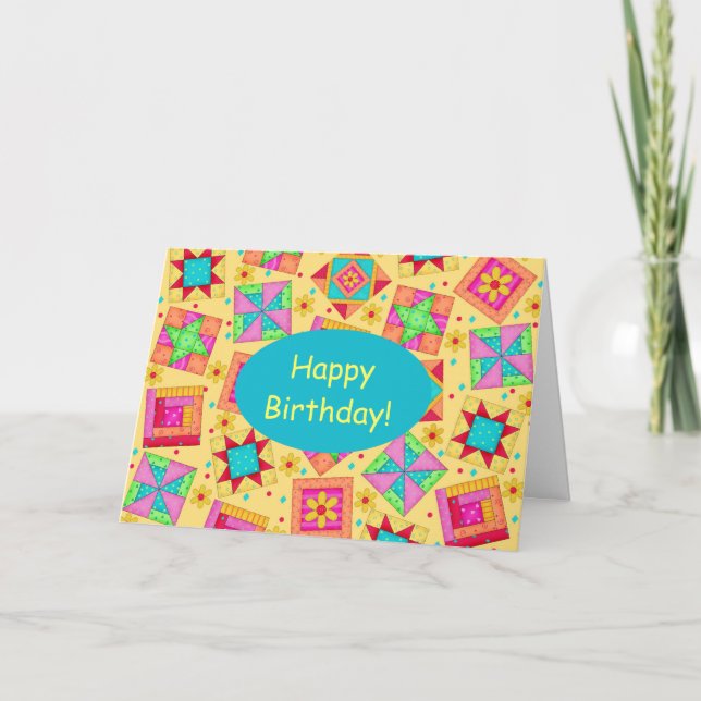 Yellow Patchwork Quilt Art Happy Birthday Karte (Vorderseite)