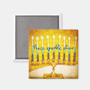 Yellow Peace Sparkle Shine Script Hanukkah Menorah Magnet