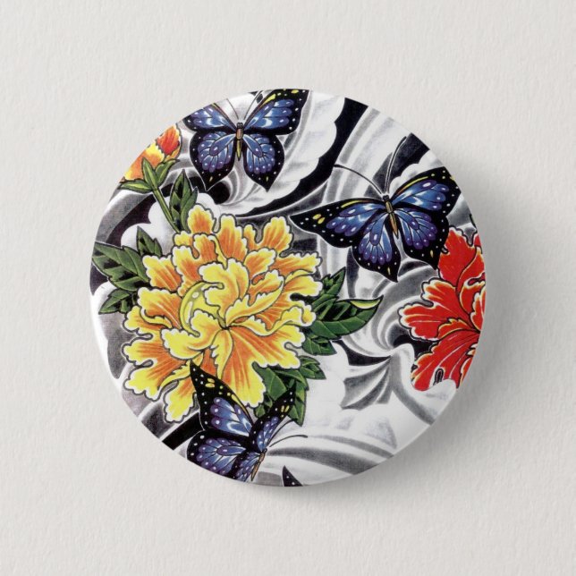 Yellow Peony and Butterfly Tattoo Design Button (Vorderseite)