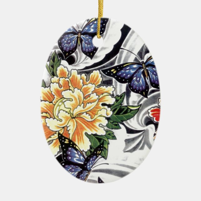 Yellow Peony and Butterfly Tattoo Design Keramik Ornament (Vorne)