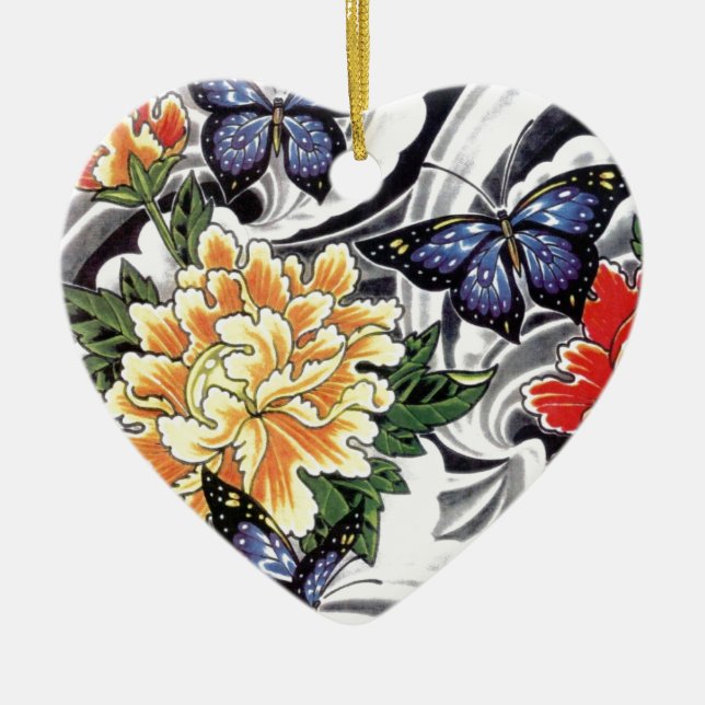 Yellow Peony and Butterfly Tattoo Design Keramikornament (Vorne)