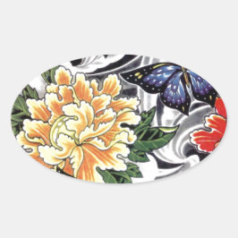 Yellow Peony and Butterfly Tattoo Design Ovaler Aufkleber