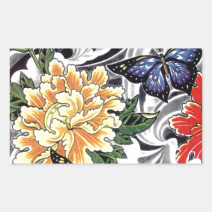 Yellow Peony and Butterfly Tattoo Design Rechteckiger Aufkleber