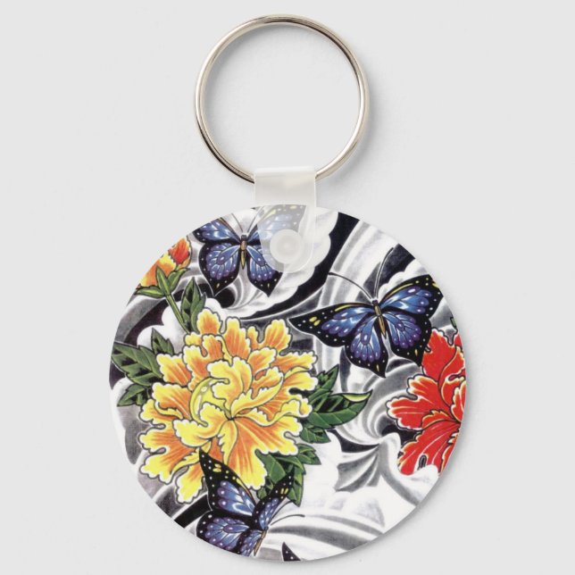 Yellow Peony and Butterfly Tattoo Design Schlüsselanhänger (Vorderseite)