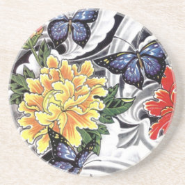 Yellow Peony and Butterfly Tattoo Design Untersetzer