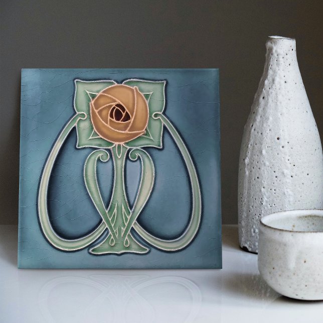 Yellow Peony Blue Deco Art Nouveau Art Deco Fliese (Von Creator hochgeladen)
