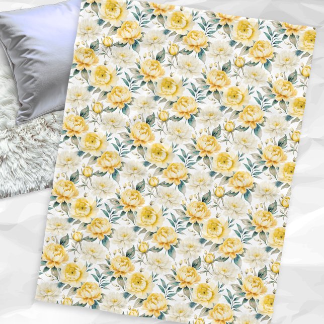 Yellow Peony Chrysanthemum Floral Botanical Print Fleecedecke (A fleece blanket, patterned with yellow and white peony and chrysanthemum flowers and green leaves)