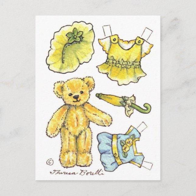 Yellow Petunia Teddy Bear Paper Doll niedliche Pos Postkarte (Vorderseite)