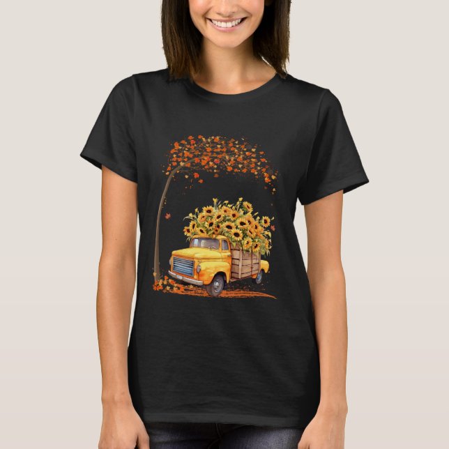 Yellow Pickup Truck Sunflower Fall Leaves Autumn H T-Shirt (Vorderseite)