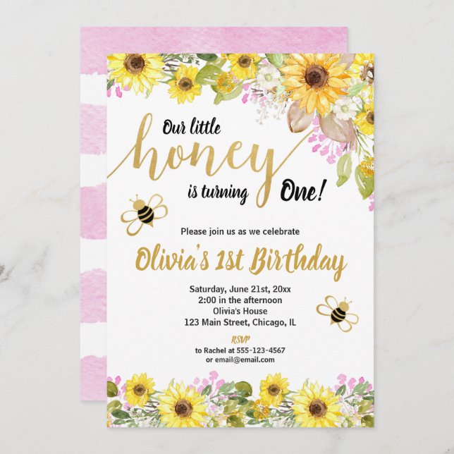 Yellow pink bumble bee sunflower girl 1st birthday einladung (Vorne/Hinten)