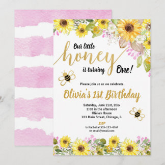 Yellow pink bumble bee sunflower girl 1st birthday einladung