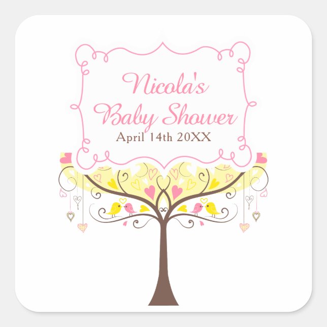 Yellow Pink Floral Bird Baby Shower  Quadratischer Aufkleber (Vorderseite)