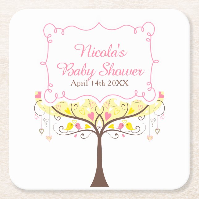 Yellow Pink Floral Bird Baby Shower  Rechteckiger Pappuntersetzer (Vorderseite)