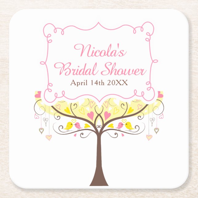 Yellow Pink Floral Bird Bridal Shower  Rechteckiger Pappuntersetzer (Vorderseite)