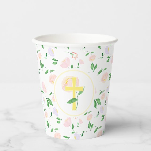 Yellow Pink Floral Cross Pappbecher (Vorderseite)