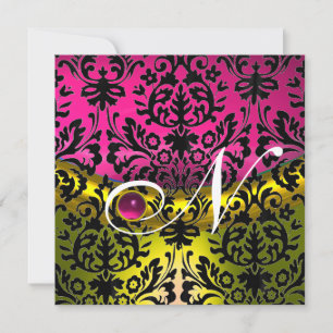 YELLOW PINK FUCHSIA BLACK DAMASK MONOGRAM TOPAZ EINLADUNG