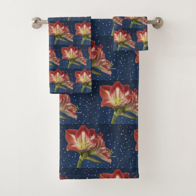Yellow Pink Red Amaryllis auf Navy Blue Background Badhandtuch Set (Insitu)