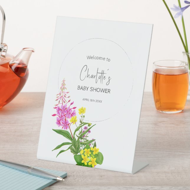 Yellow Pink Wildblume Script Happy Baby Dusche Sockelschild (In Situ)