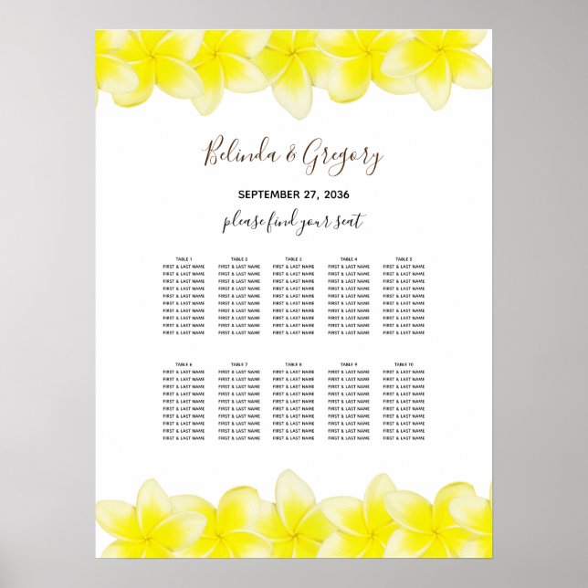Yellow Plumeria Frangipani Hochzeitsdiagramm Poster (Vorne)