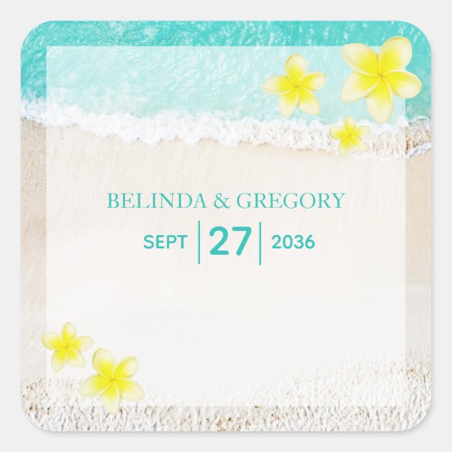 Yellow Plumeria Frangipani Tropical Beach Wedding Quadratischer Aufkleber (Vorderseite)