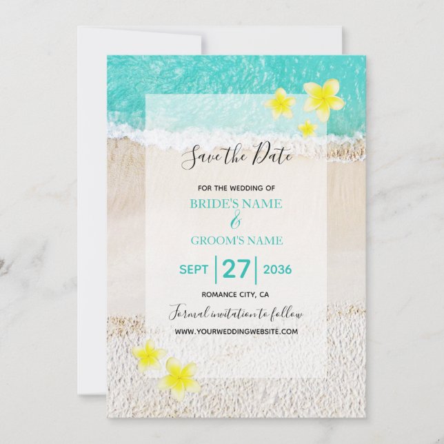 Yellow Plumeria Frangipani Tropical Beach Wedding Save The Date (Vorderseite)