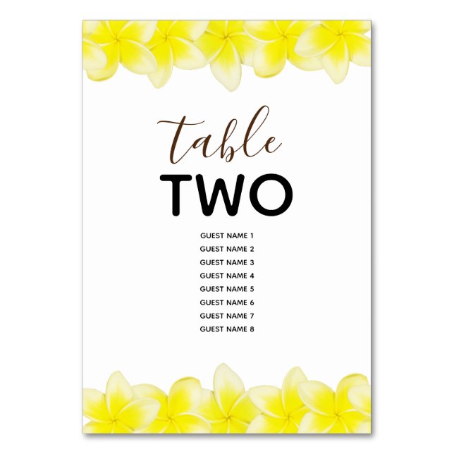 Yellow Plumeria Frangipani Wedding Guest Names Tischnummer (Rückseite)