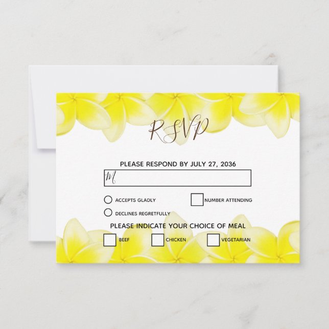 Yellow Plumeria Frangipani Wedding RSVP Cards Karte (Vorderseite)