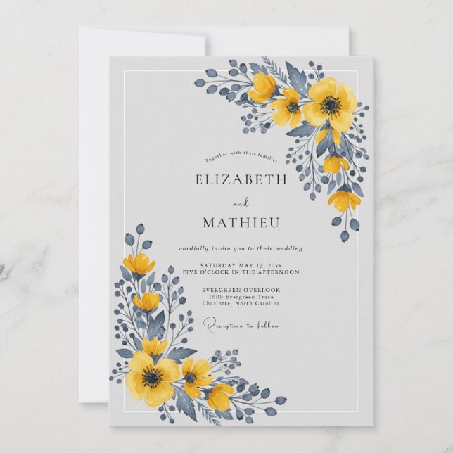 Yellow Polished Botanical Wedding Einladung (Vorderseite)