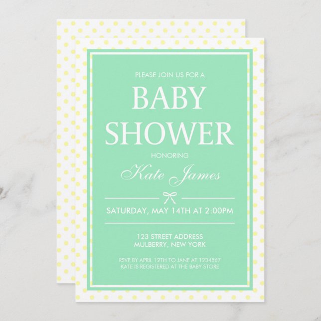 Yellow Polka Dot & Mint Baby Dusche Einladung (Vorne/Hinten)