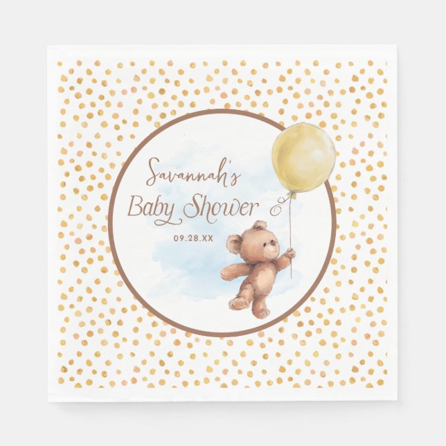 Yellow Polka Dot Teddy Bear Balloon Babydusche Serviette (Vorderseite)