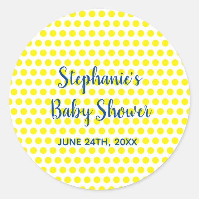 Yellow Polka Dots Blue White Baby Dusche Niedlich Runder Aufkleber (Vorderseite)